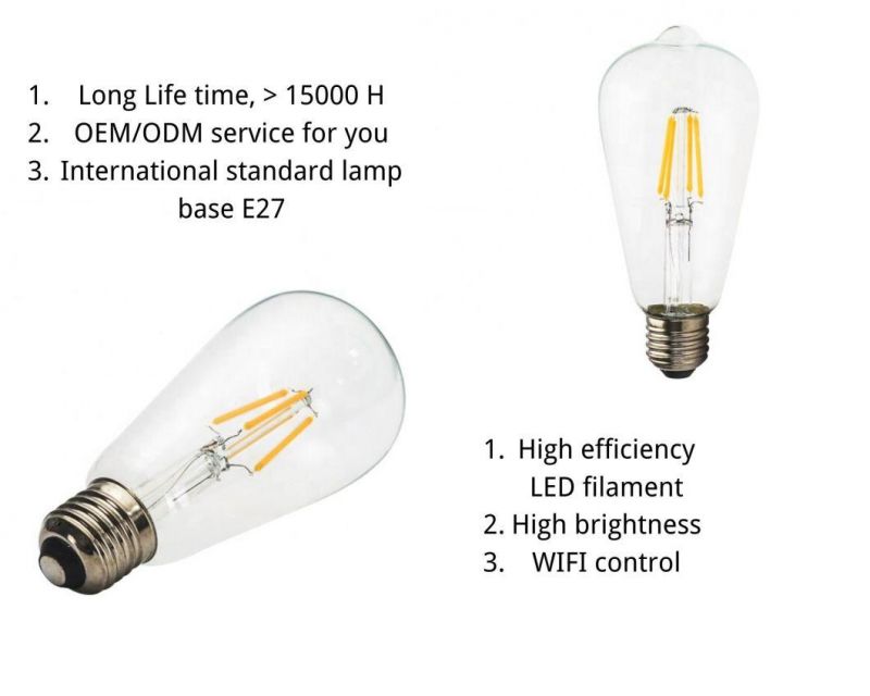 WiFi Control LED Lighting Filament Bulbs Lamp St64 Dimmable LED Lamp E27 Base LED Light 6W LED Bulb