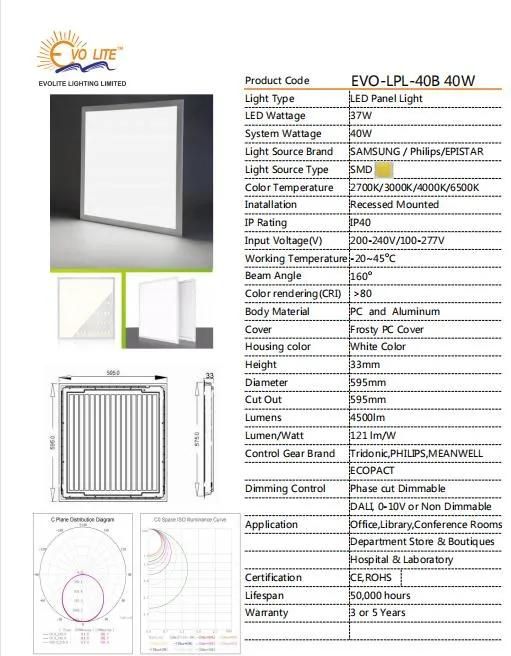 Hot Sell High Quality 40W LED Panel Light for Office/, Conference Rooms