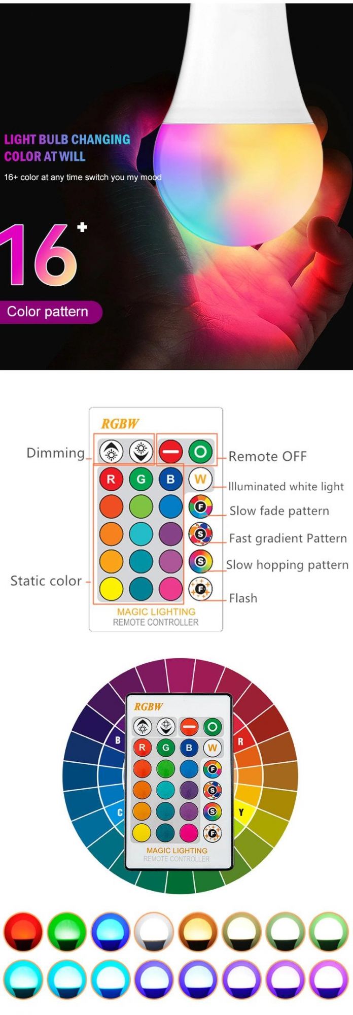 Indoor E27 3W 5W 10W 15W Smart Remote Control Dimmable RGB 16 Color Changing RGB LED Bulbs LED E27