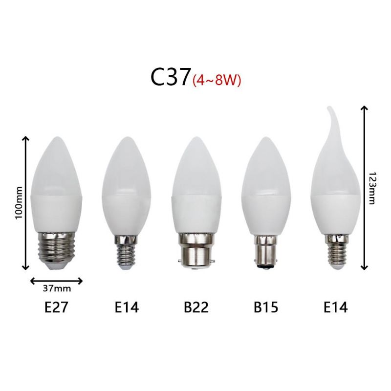 LED Candle Bulb C37 5W Different Base Option E14 E27 B22 B15 Plastic Aluminum Energy Saving Lamp with CE RoHS ERP Approval LED Bulb Light for Indoor Lighting