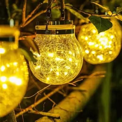 Outdoor Hanging Solar Light 20 LED Glass Jar Light Waterproof Crack Glass Globe Garden Light