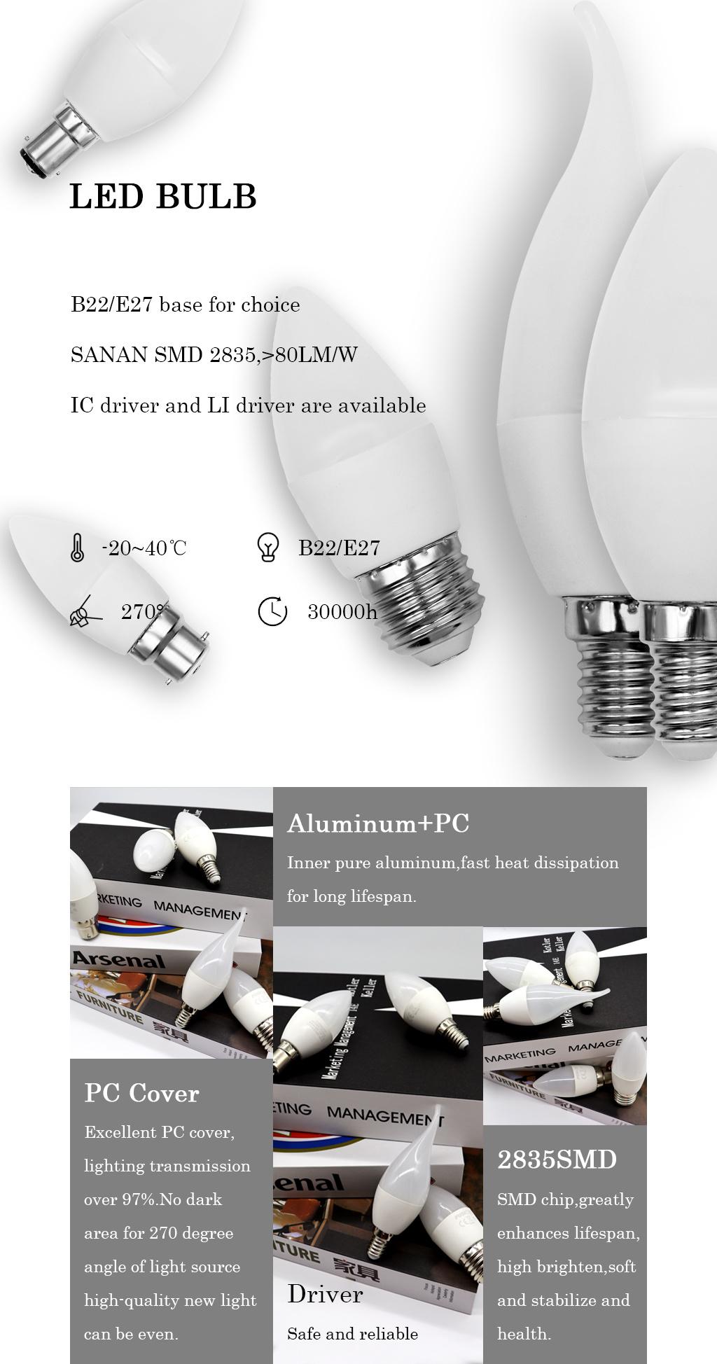 China Factory LED Dimmable C37 6W SMD2835 E14/E27 LED Candle Bulb Light for Indoor Decoration