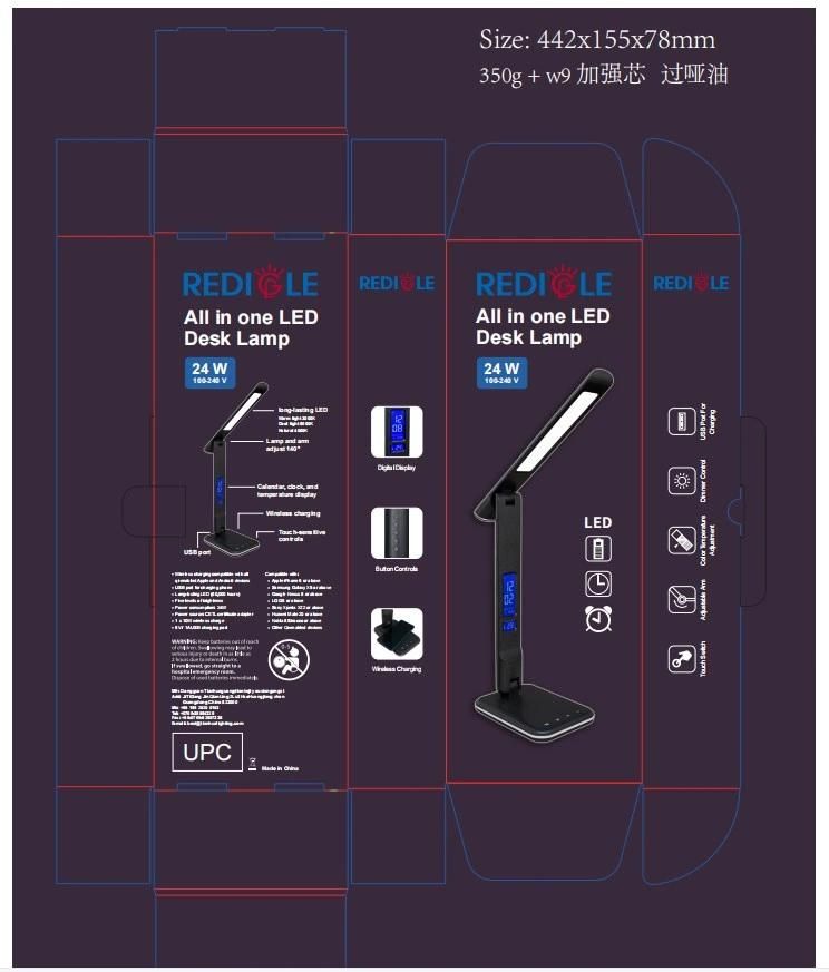 24W Eye Protection Wireless Charging LED Table Desk Lamp with Calendar Temperature Alarm Clock