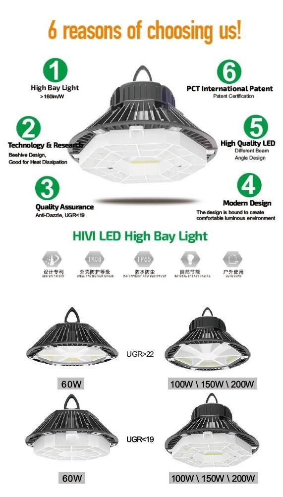 Glare Free 160lm/W Output 32000lm 200W UFO LED High Bay Light for Indoor Outdoor Garage Workshop Warehouse