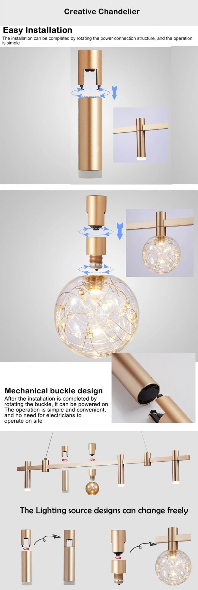 Hot Sales DIY Lamp Dexterous Series DC24V LED36W 3000K or 6000K Home Hotel Designer Decoration Modern Ceiling Chandelier Black or Golden Pendant Lamp Indoor