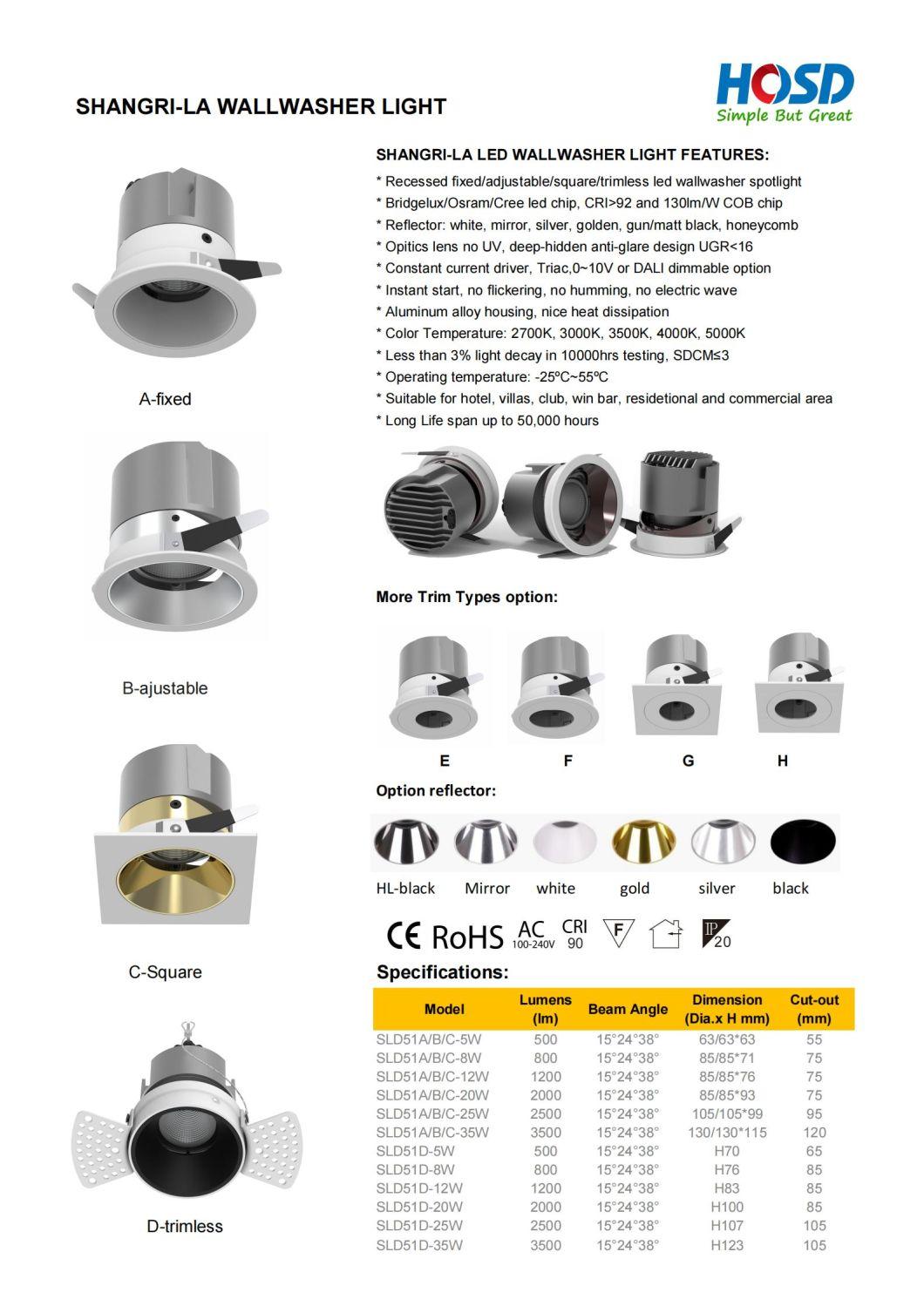 12W Anti-Glare Ceiling Recessed Fixed COB LED Wallwasher Spot Light Downlight for Hotel Villas Office Showroom Store Shopping Mall Spotlight