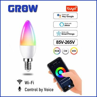 Alexa Google Home C37 E14 5W LED Candle Bulb WiFi Tuya Bulb RGB+Cw+Ww LED Smart Bulb for Party and Indoor Lighting