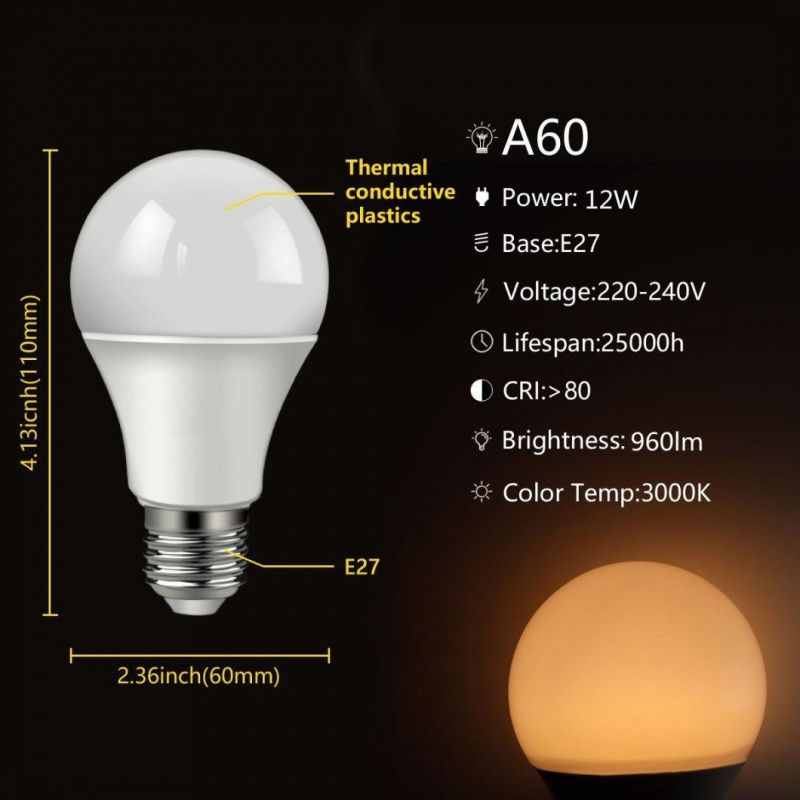 Perfect Dimming Effect Dimmable LED Bulb Light A60 12W E27/B22 LED Energy Saving Lamp for Indoor Lighting with CE RoHS ERP Approval