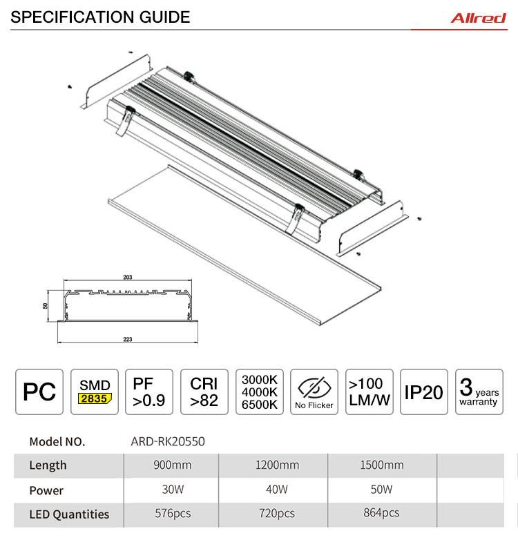 Aluminum Profile 40W 4FT Ceiling Recessed Linear Light LED Embedded Tube Light