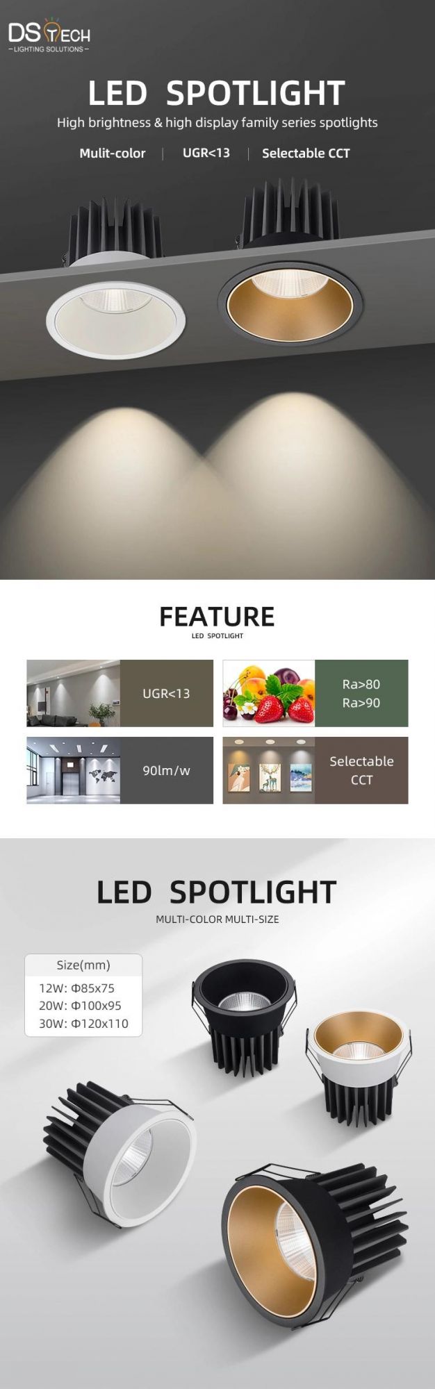 Anti-Glare CCT Three Color in One LED Spotlight LED Downlight Triac Dimmable 12W