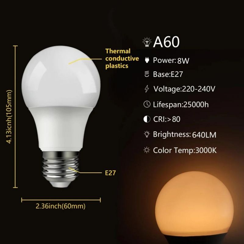 Long Life Time Enegry Saving Lamp LED Light A60 8W E27 B22 Hot Sale Factory Direct LED Bulb with CE RoHS ERP Approval Indoor Lighting