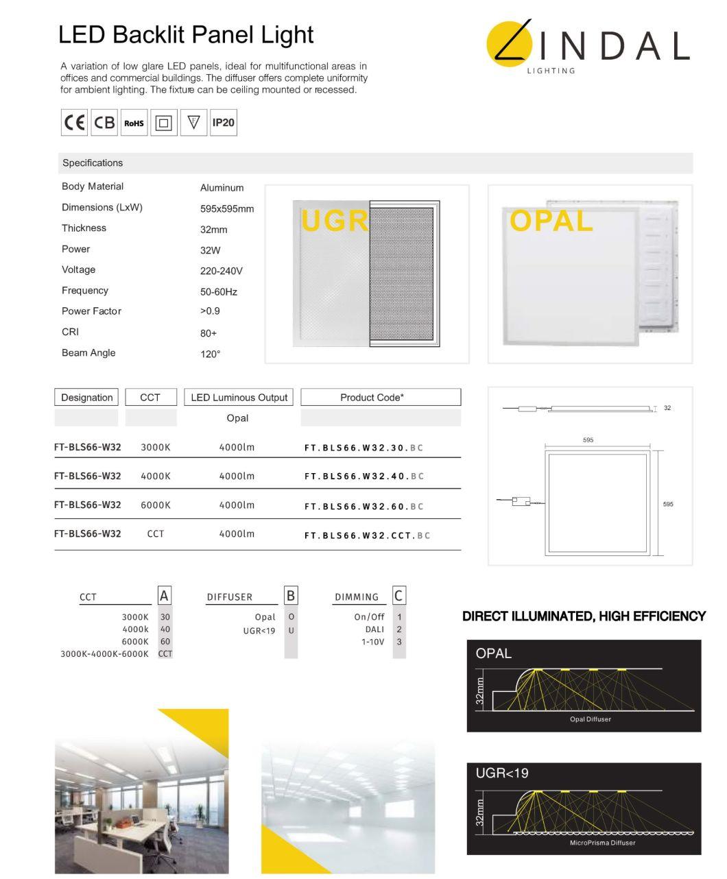 LED Backlit Panel Light 595*595mm 32W 4000lm Ugr<19