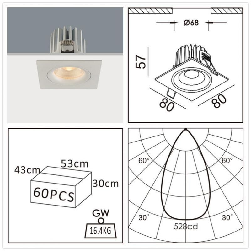 Square Shape IP44 Ce RoHS Approved Dimmable LED Recessed Downlight