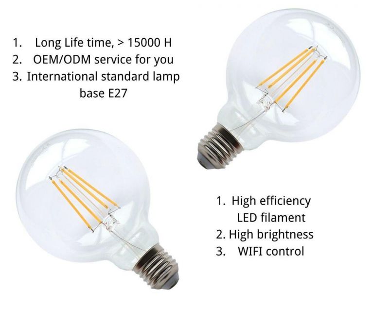 WiFi Control LED Vintage Filament Bulbs G95 Dimmable LED Globe Lamp E27 Base LED Light 4W LED Bulb with Ce RoHS