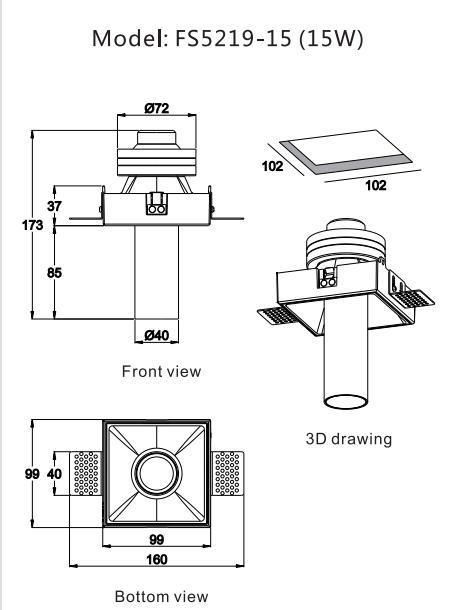 Metal Shadesquare Trimless Adjustable Recessed Spotlight 15W Down Light