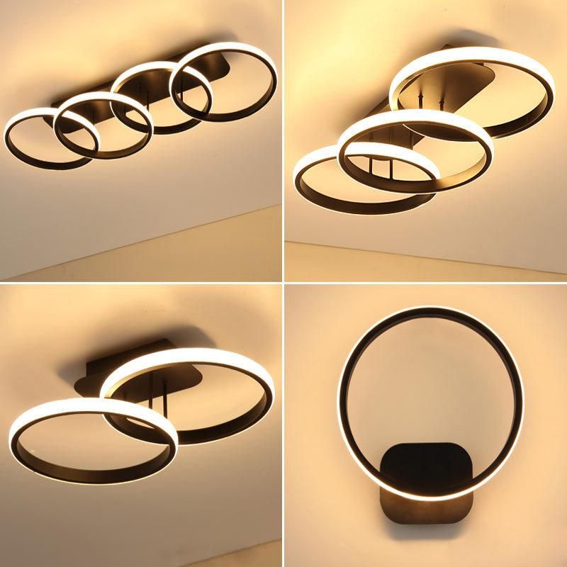 Modern Matt Black Aluminium Rings Ceiling Lamp with Energy Saving LED Lighting