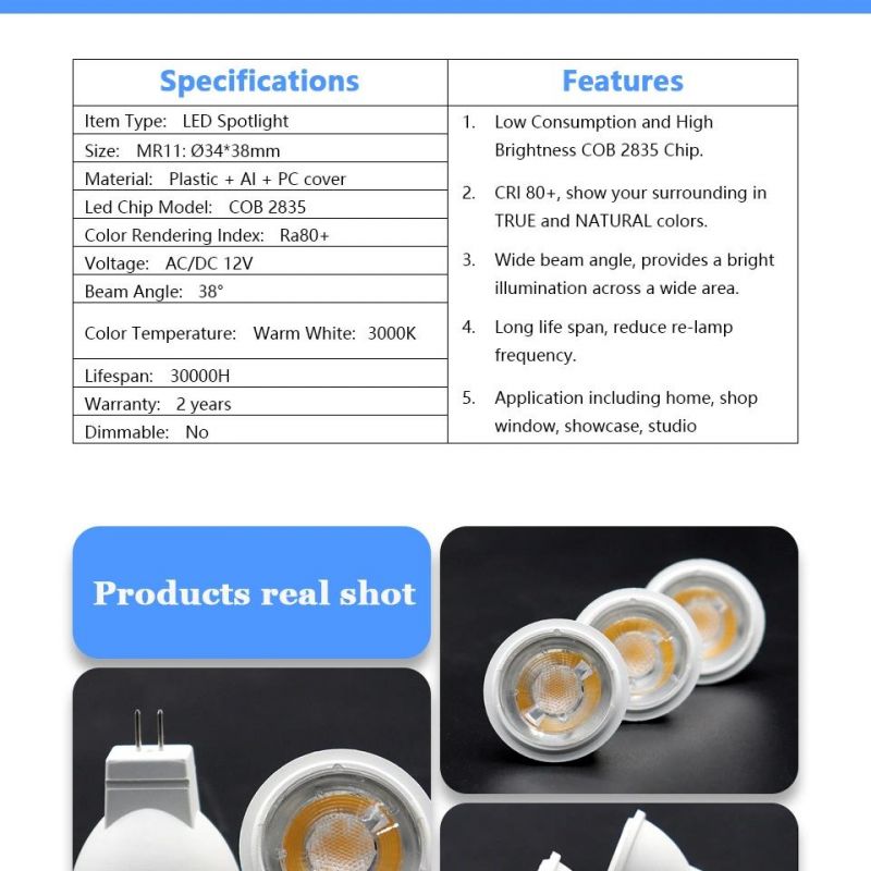 LED Lamp 3W COB MR11 Gu4 Plastic+Aluminum 12V LED Spotlight for Indoor Lighting