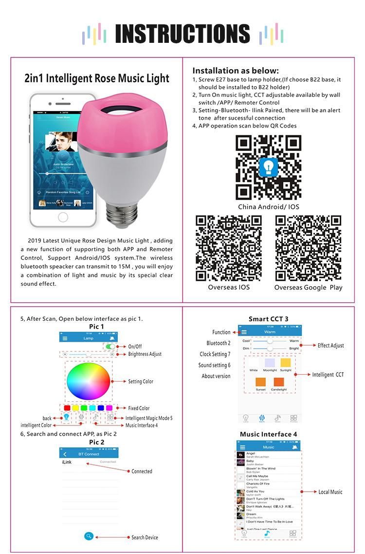 Colorful and Multi Functional Smart Music Bulb with APP Control