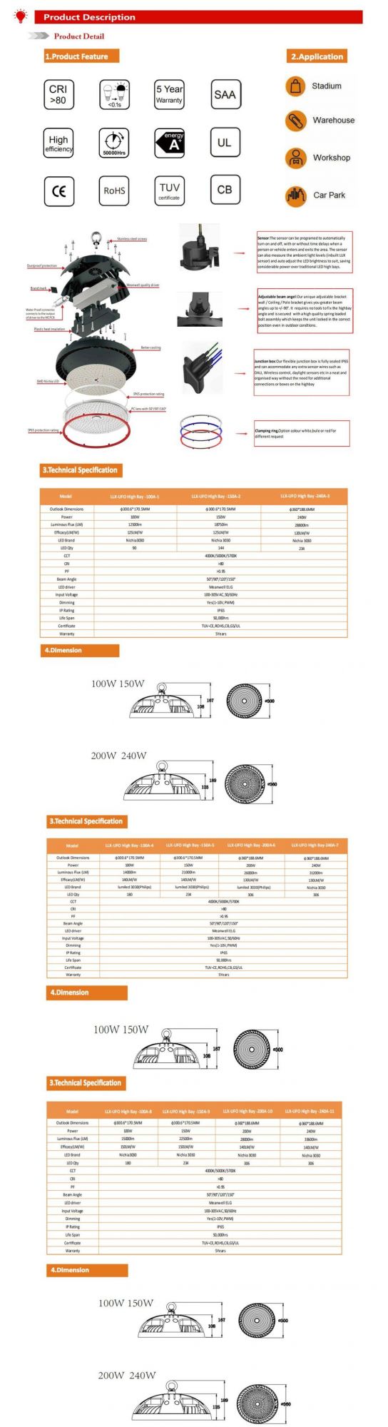 5years Warranty UFO Industrial/Warehouse LED Lighting High Bay