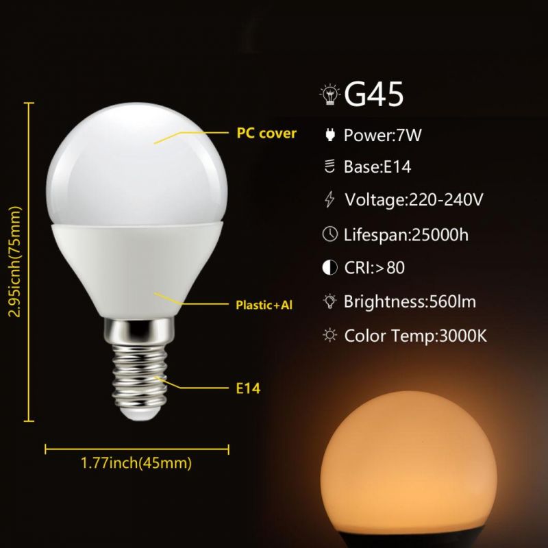 Factory Direct Supply of LED Bulb G45 Real Power 7W Low Power LED Light Bulb with CE RoHS Approved Lamp for Indoor Lighting with E14 E27 B22 Base