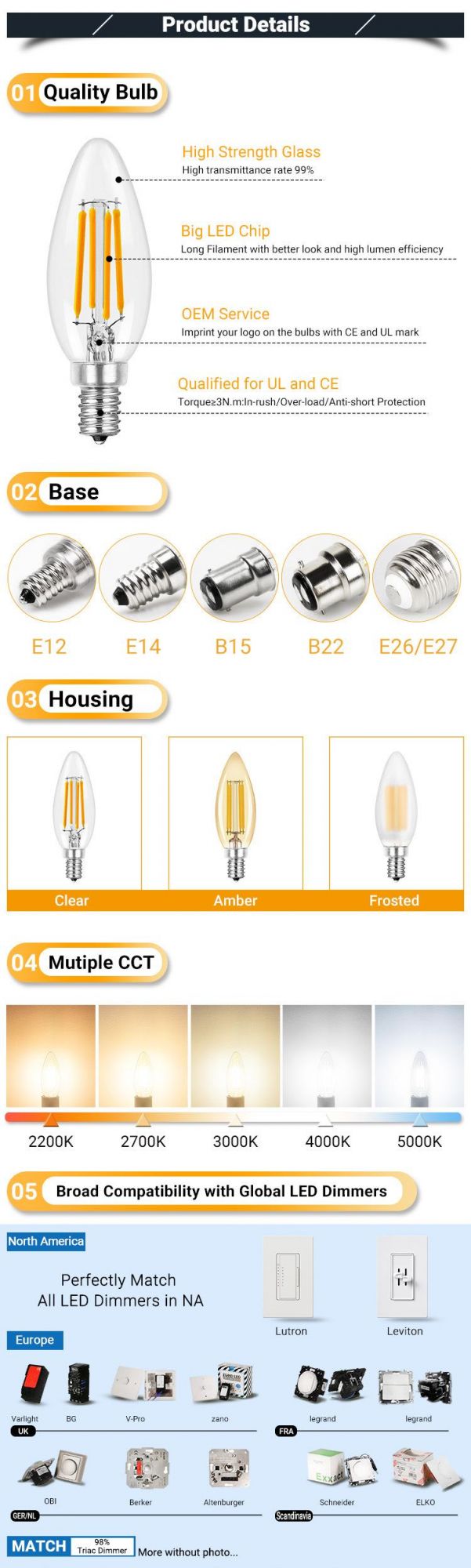 High Quality Orion LED Candle Lamp Dimmable E27 E14 C35 4W 6W Filament LED Light Bulb for Chandelier