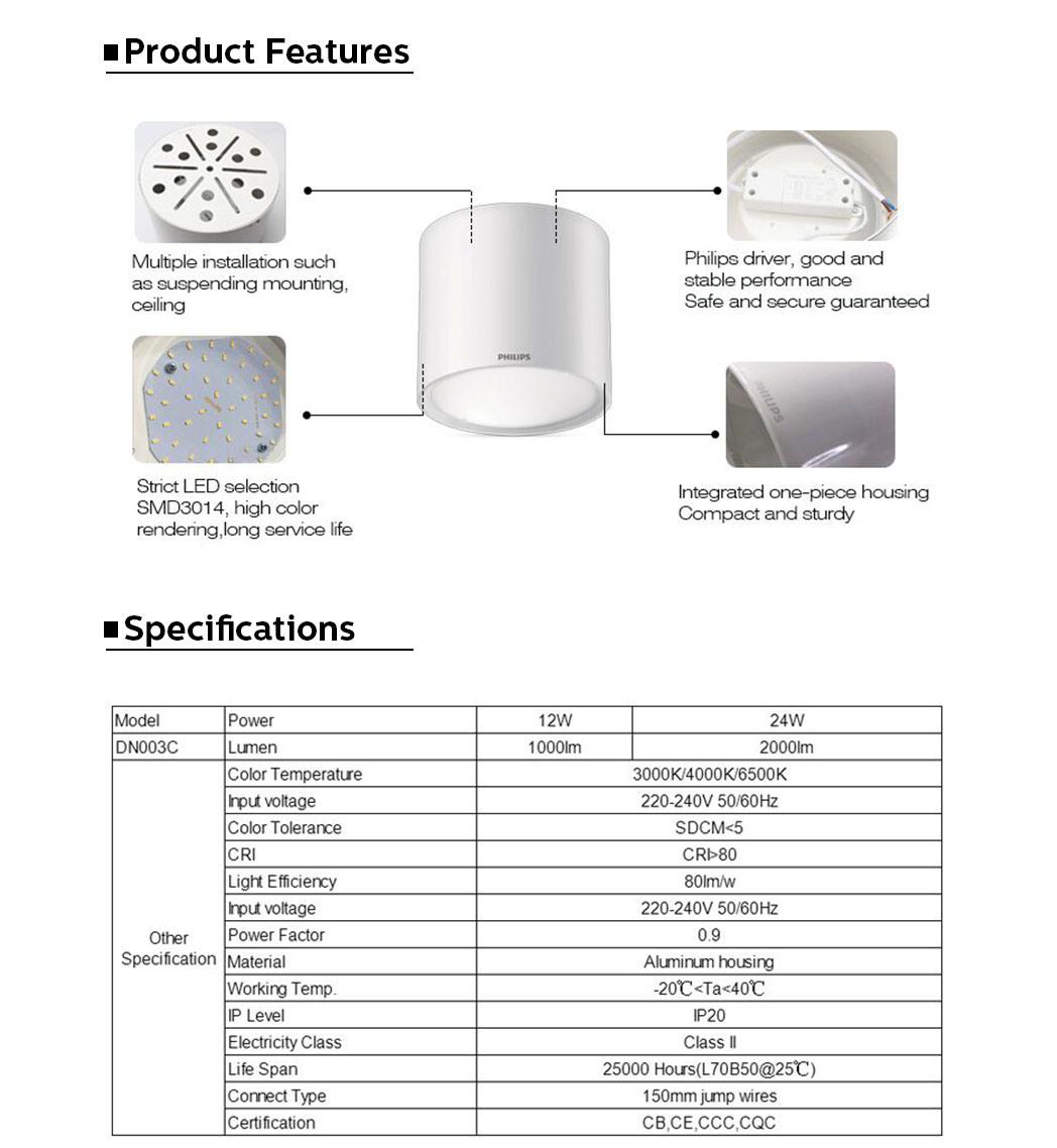 Surface Mounted Round Aluminum 230V 12W 24W LED Downlight