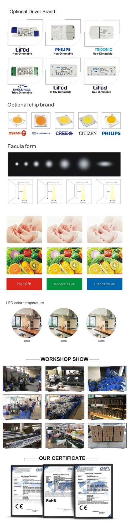 High Lumen 15W LED COB Light Bulb Ceiling Indoor LED Lighting Recessed Downlight