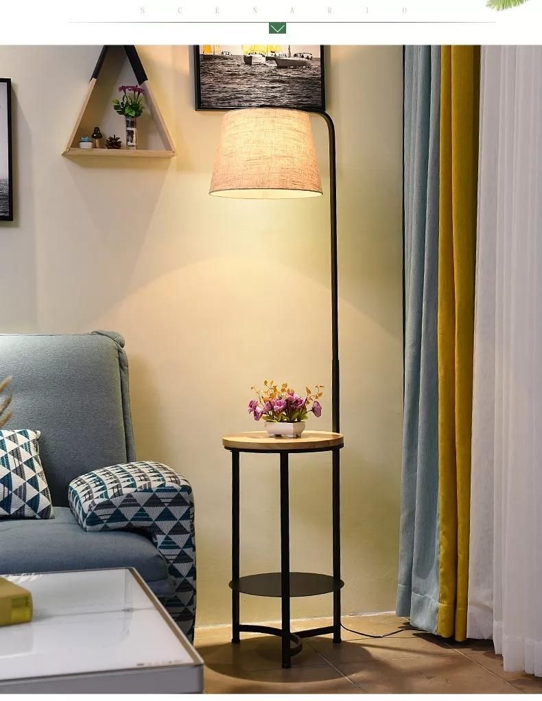 Luxury Metal Base Fabrics Shade Bookshelf Morden Style Living Room Floor Lamp with Table