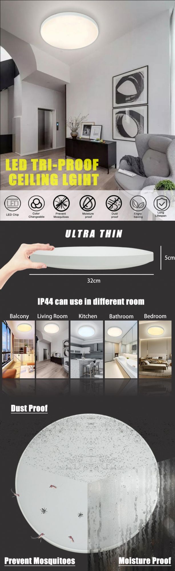 Langde Ultra Thin 5cm Bathroom Kitchen Balcony Ceiling Lamp Fixture Plastic Cover LED Tri Proof Light Ldp4403