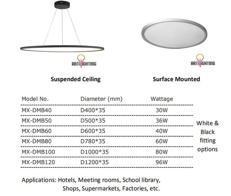 New Design Big Round 120cm 100cm 80cm 60cm Ceiling Mounted Hanging Panel LED Lighting for Office Hotel 36W-120W