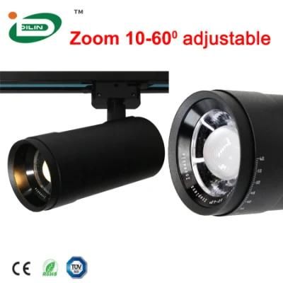 COB Project LED Track LED Lights Zoom Dim Black 10-50degree IP20 2700K Warm White