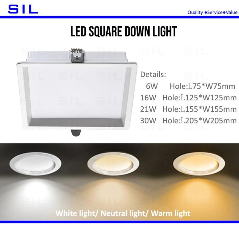 3000K/4000K/5000K/5700K/6500K Color Temperature Warm/ Neutral/ White Light 21watt Square Ceiling Downlight LED Down Light