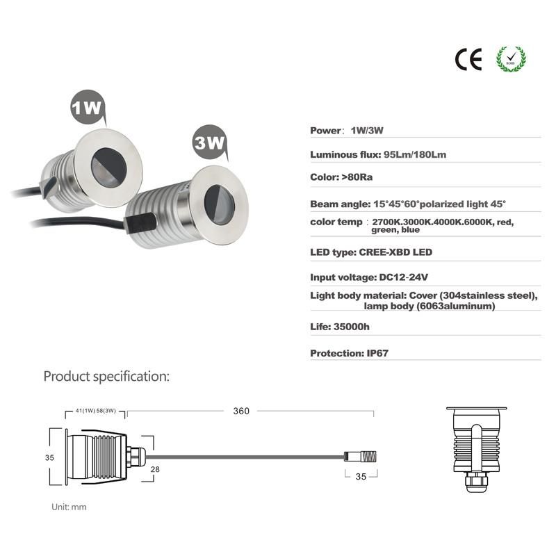 1W 12V IP67 CREE LED Spotlight for Outdoor Wall Stair Bathroom Lighting Lamp