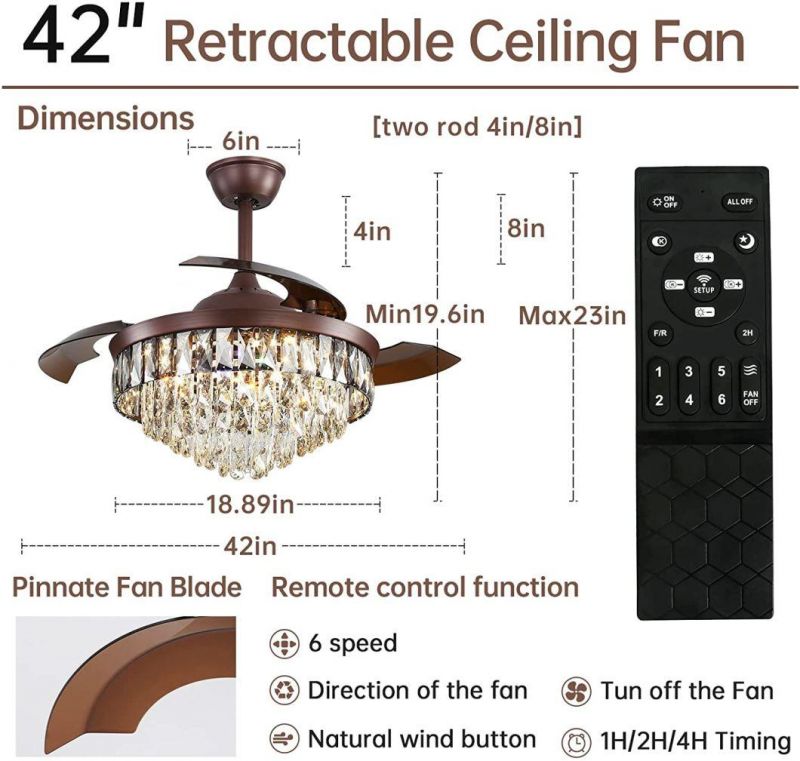 Modern Luxury Design 42 Inch Foldable with Hidden Blade and Remote Control High Quality Chandelier Crystal Ceiling Fan