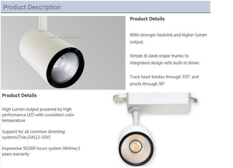 OEM Customized White and Black Color COB LED Track Light 40W LED Track Spot Light