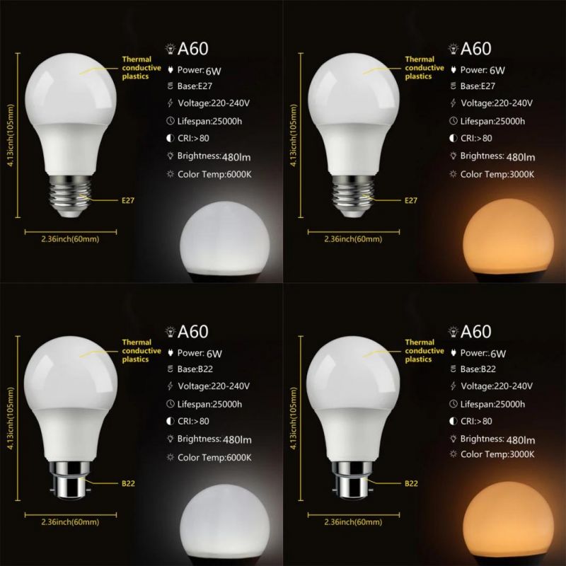 China Factory Price LED Bulb CE RoHS ERP Approved LED Lamp A60 6W E27/B22 Plastic Aluminum LED Bulb Light for Home Lighting