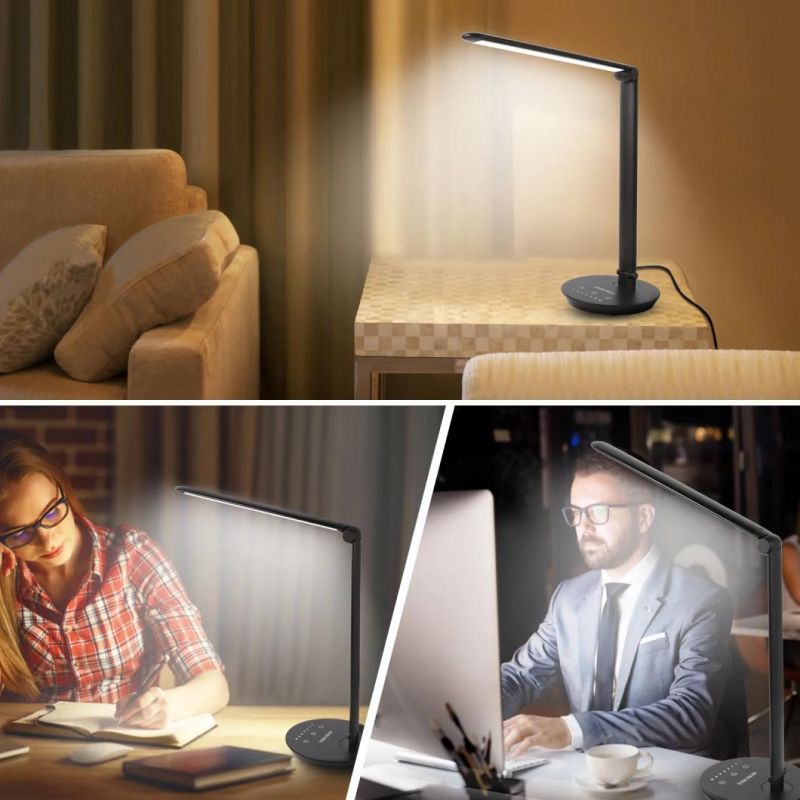 12W LED Desk Lamp, Dimmable and Adjustable Table Lights, Touch-Sensitive Control Panel, with 5 Lighting Modes 7 Brightness Levels, Timer and 5V/2.1A USB Chargin