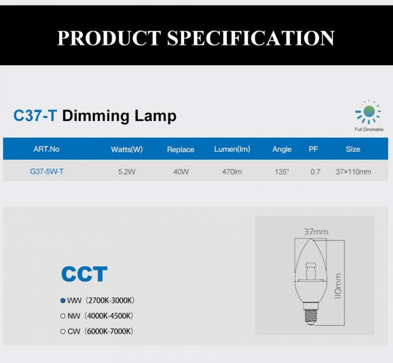 Dimmable LED Crystal Bulb C37-T