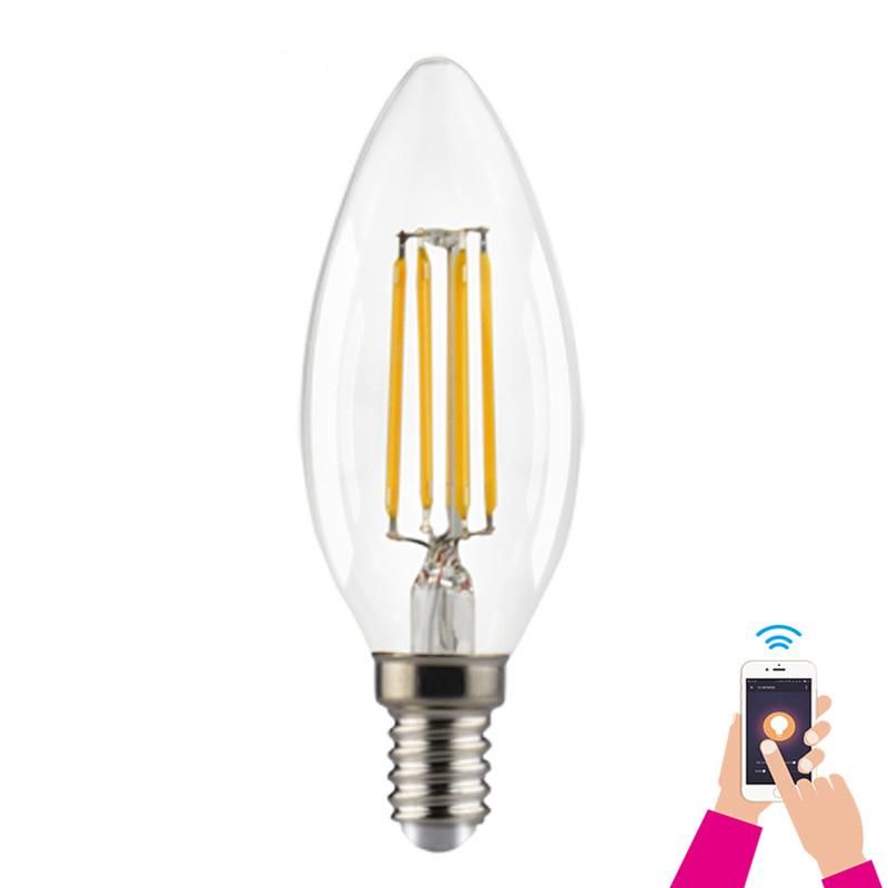 WiFi Control LED Vintage Filament Bulbs C35 C37 LED Bulb Dimmable LED Candle Bulb Lamp E14 E27 Base with LED Light 6W LED Bulb with Ce RoHS
