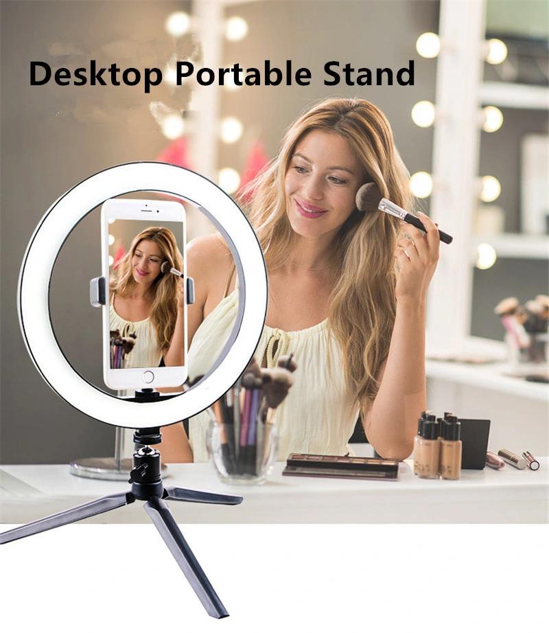 Dimmable LED Desktop Live Broadcast Support Ring Light with Tripod Stand Cell Phone Holder