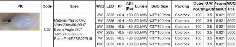 C37 8W Big Body CE Perfect Heat Dissipation Rosh New ERP Complied LED Candle Bulb with Cool Warm Day Light E27 E14 B22 B15 Caps