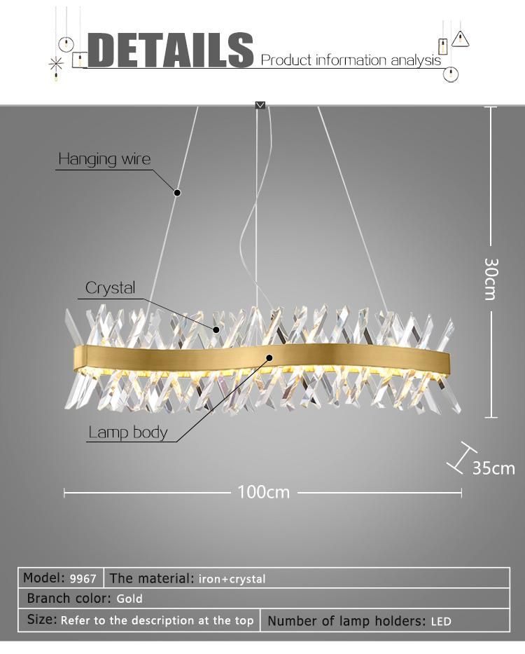 Gold Metal Triangle Crystal Bar Long Luxury Home Chandelier