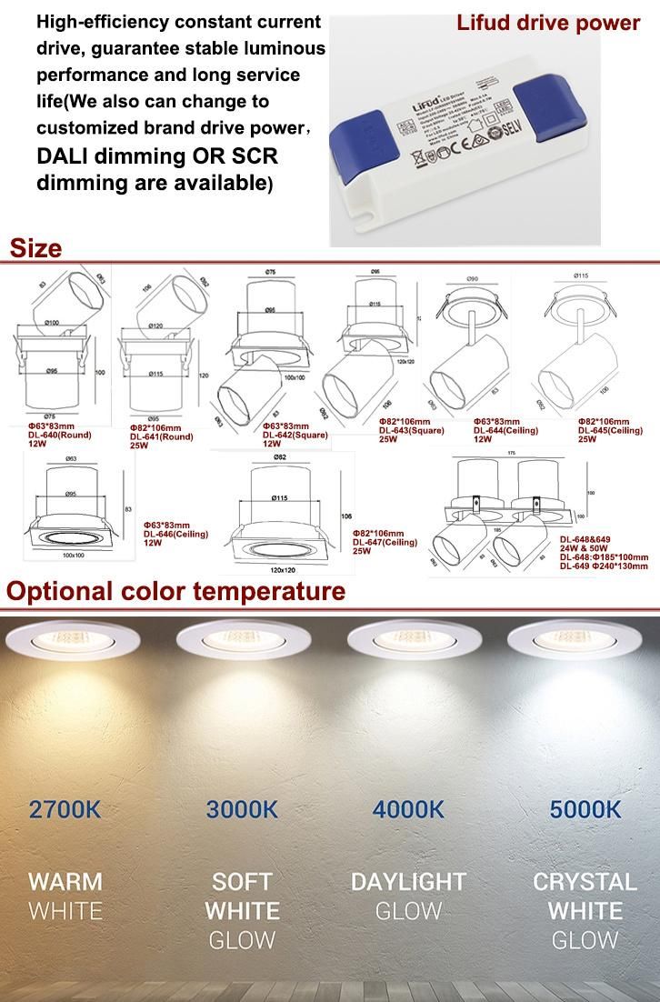 High Brightness Rimless Dilin Stock Retractable COB CREE Ceiling Lamp Down Grille Light