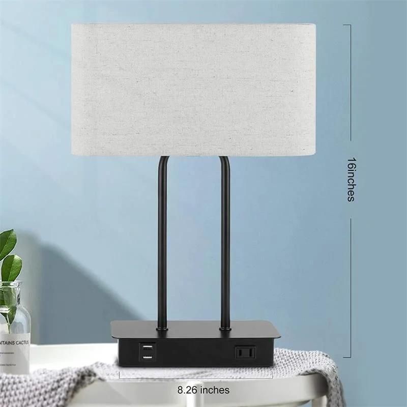 USB Double Charge Linen Square Indoor Bedside Lamp Bedroom Touch Desk Lamp