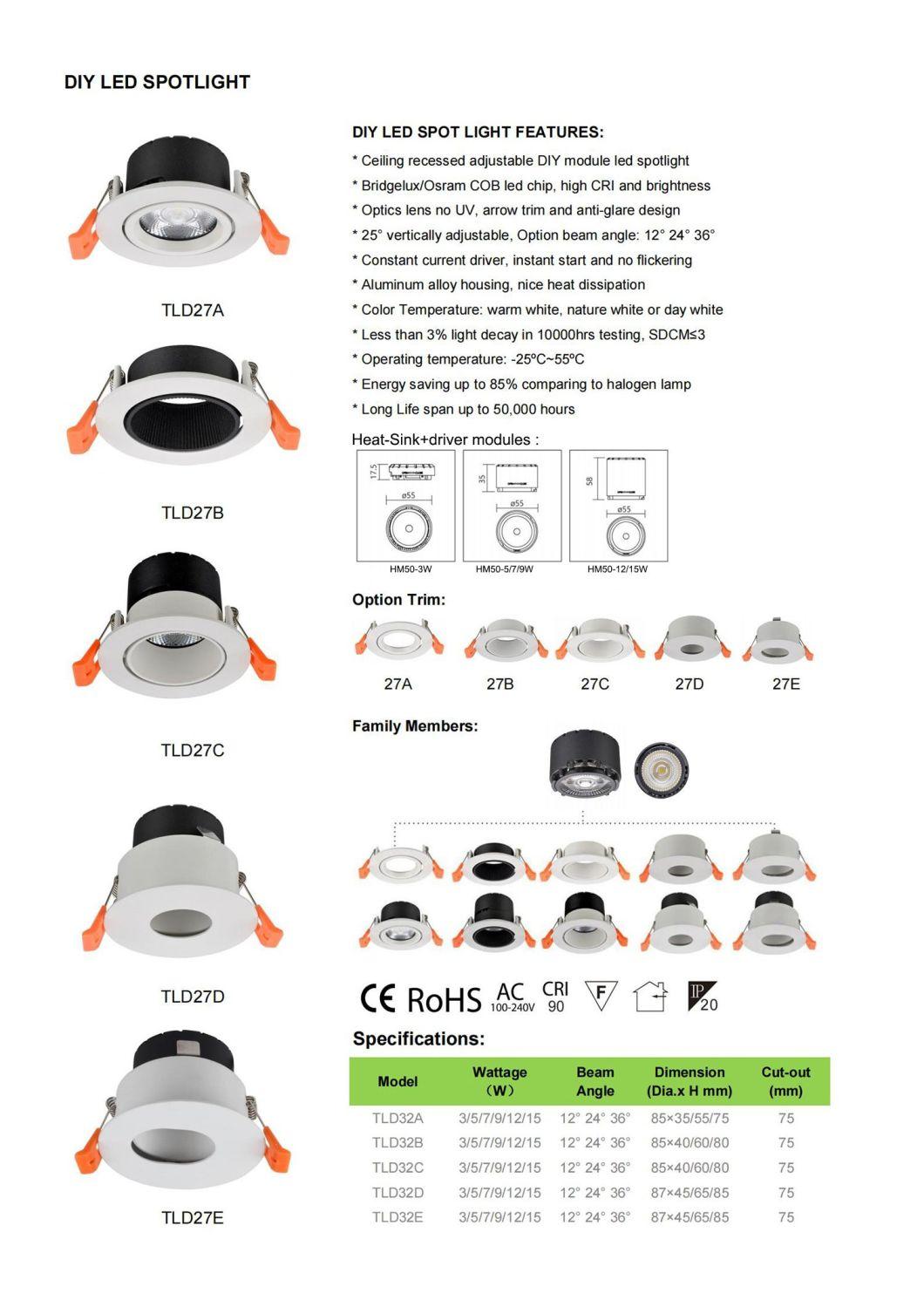 SKD Trim and Lamp Changeable and Adjustable DIY Module LED Recessed Downlight Spotlight for Hotel Residential Rooms Wholesale Light Fixture