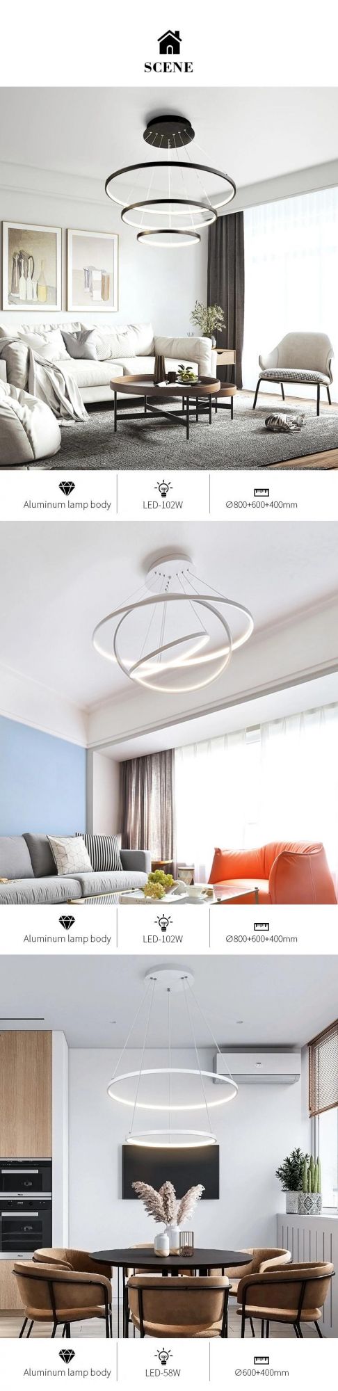 European Round Ring White Pendant Lamp Living Room Decoration LED Light Chandelier