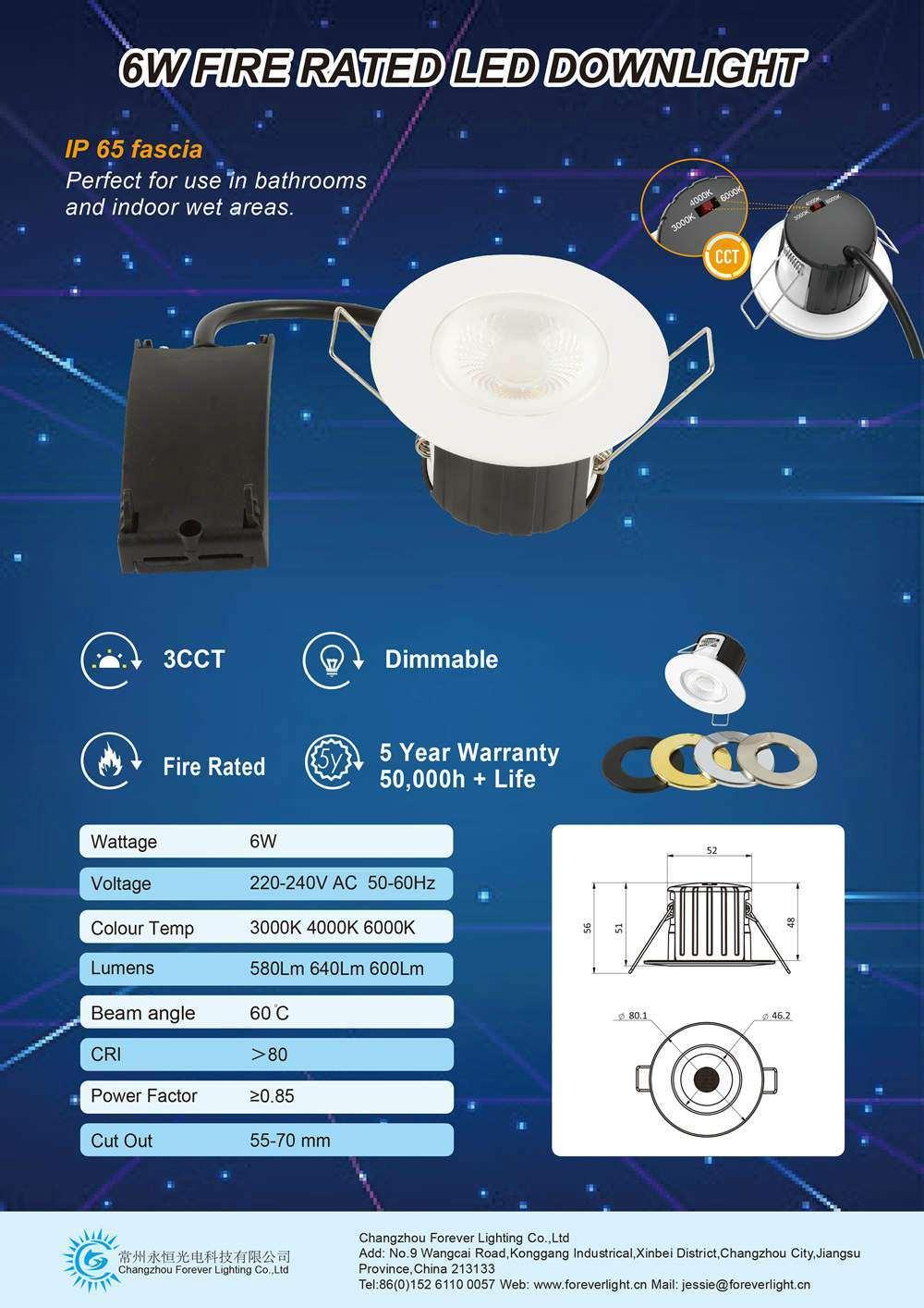 Indoor Fire Rated Die Cast Aluminum SMD 5W 6W 7W 8W 10W Dimmable 3CCT COB LED Ceiling Light Downlight