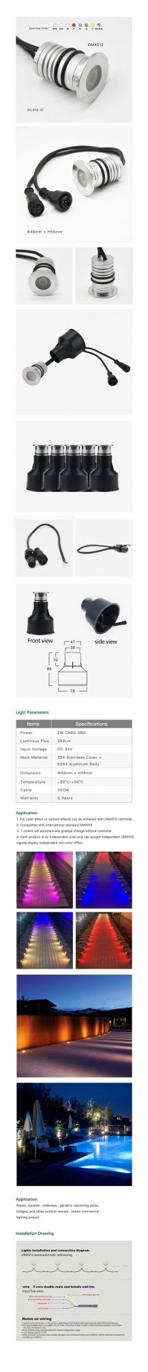 RGB CREE 12V-24V IP68 Pool Spot Lamp 3W Mini LED Lighting Garden Stair Spotlight