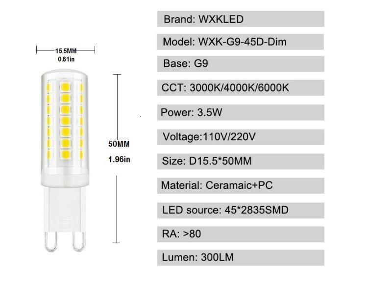 Wxkled G9 3W LED Bulb, No Flicker, 350lm LED SMD, 3W Equivalent to 30W Halogen Lamp Dimmable, AC220-240V G9 Energy Saving Bulb for Chandelier