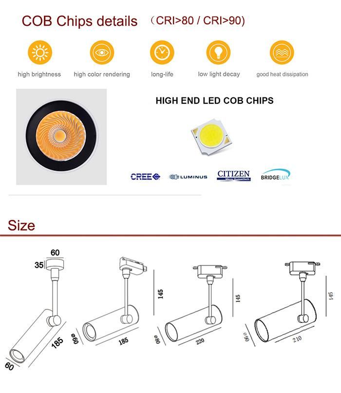 Aluminum 50Hz 60Hz CCT Color COB CRI>80ra 20W LED Track Light Lamp with Lighting Fixture